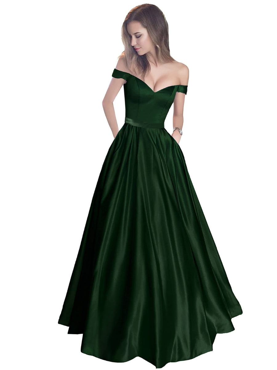 Off The Shoulder Beaded Satin A Line Prom Dress With Pocket