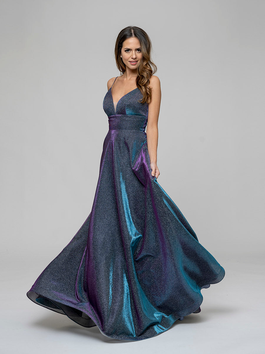 Metallic Glitter Spaghetti Strap V Neck A Line Prom Dresses