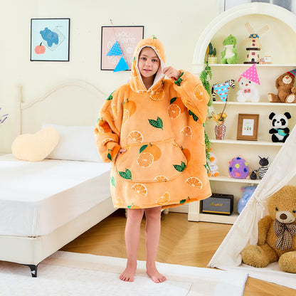 Children’s Orange Hoodie Blanket – Oversized Sherpa Fleece Wearable Blanket