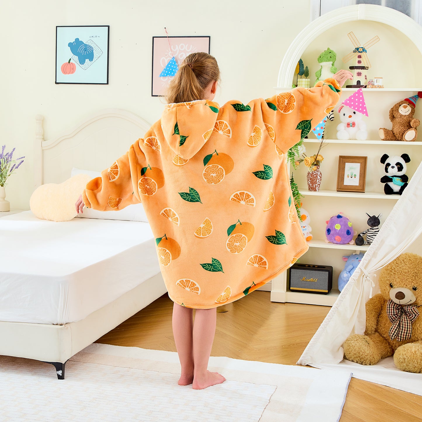 Children’s Orange Hoodie Blanket – Oversized Sherpa Fleece Wearable Blanket