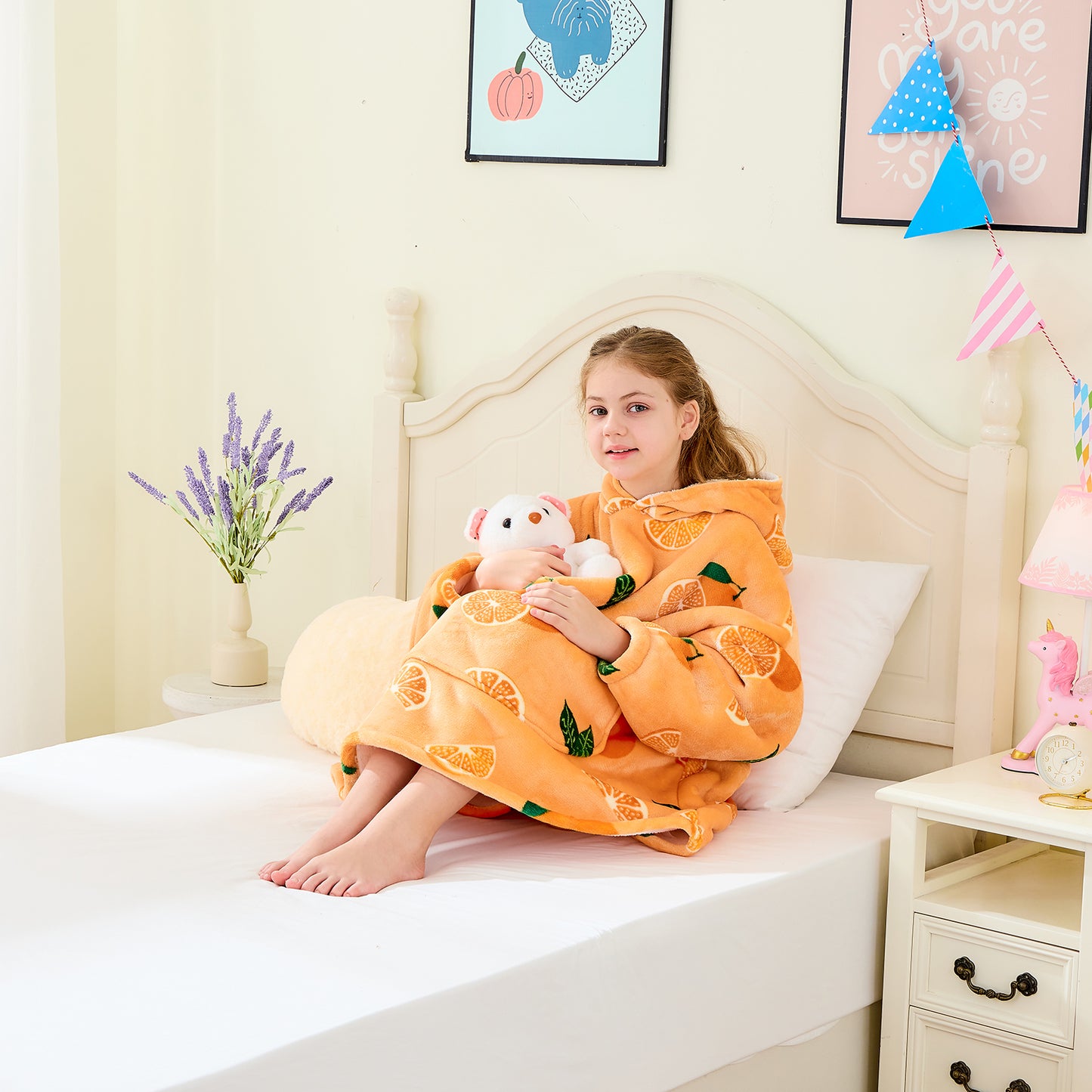 Children’s Orange Hoodie Blanket – Oversized Sherpa Fleece Wearable Blanket
