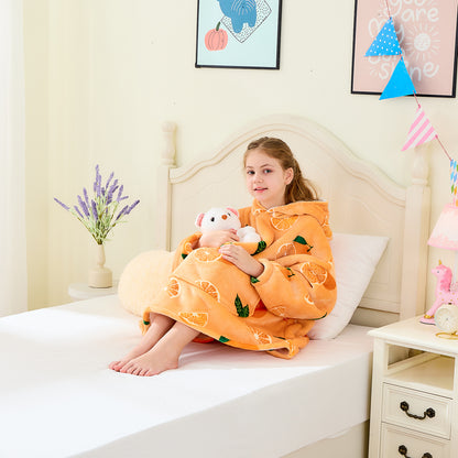 Children’s Orange Hoodie Blanket – Oversized Sherpa Fleece Wearable Blanket
