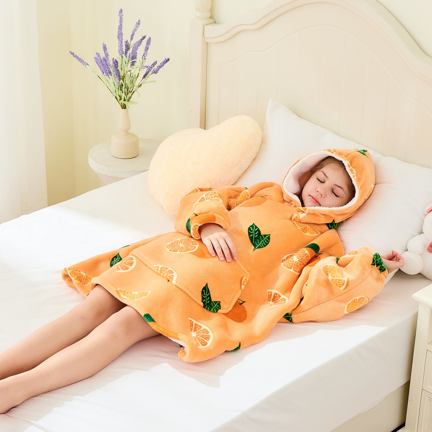 Children’s Orange Hoodie Blanket – Oversized Sherpa Fleece Wearable Blanket