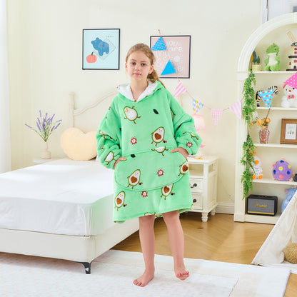 Cartoon Avocado Kids Hoodie Blanket – Oversized Sherpa Fleece Design