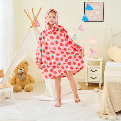 Strawberry Print Kids Oversized Hoodie Blanket – Sherpa Lined Cosy Wear
