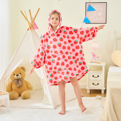 Strawberry Print Kids Oversized Hoodie Blanket – Sherpa Lined Cosy Wear