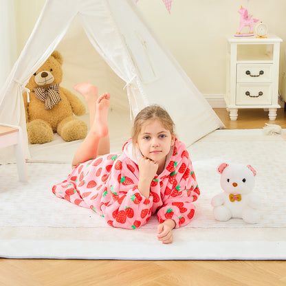 Strawberry Print Kids Oversized Hoodie Blanket – Sherpa Lined Cosy Wear