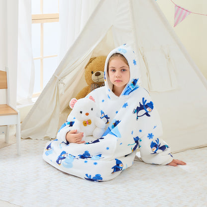 Penguin Kids Oversized Hoodie Blanket – Sherpa Lined Cosy Wear