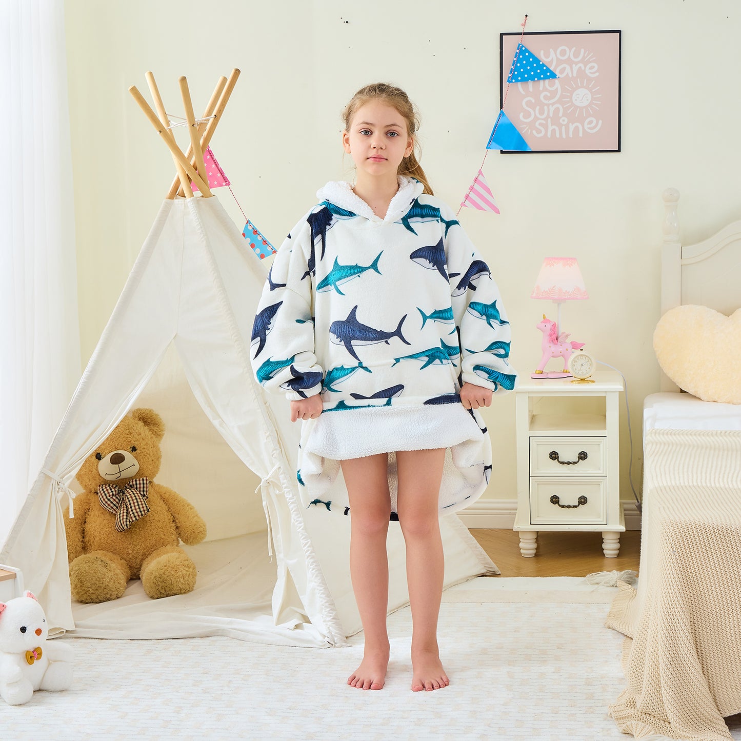 Shark Print Kids Oversized Hoodie Blanket