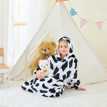 Cow Print Kids Hoodie Blanket – Oversized Sherpa Fleece Wearable Blanket