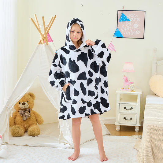 Cow Print Kids Hoodie Blanket – Oversized Sherpa Fleece Wearable Blanket