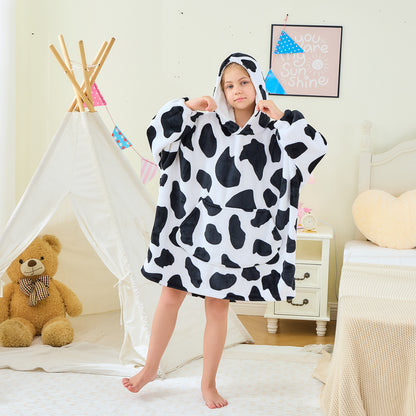 Cow Print Kids Hoodie Blanket – Oversized Sherpa Fleece Wearable Blanket