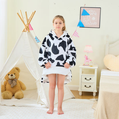 Cow Print Kids Hoodie Blanket – Oversized Sherpa Fleece Wearable Blanket