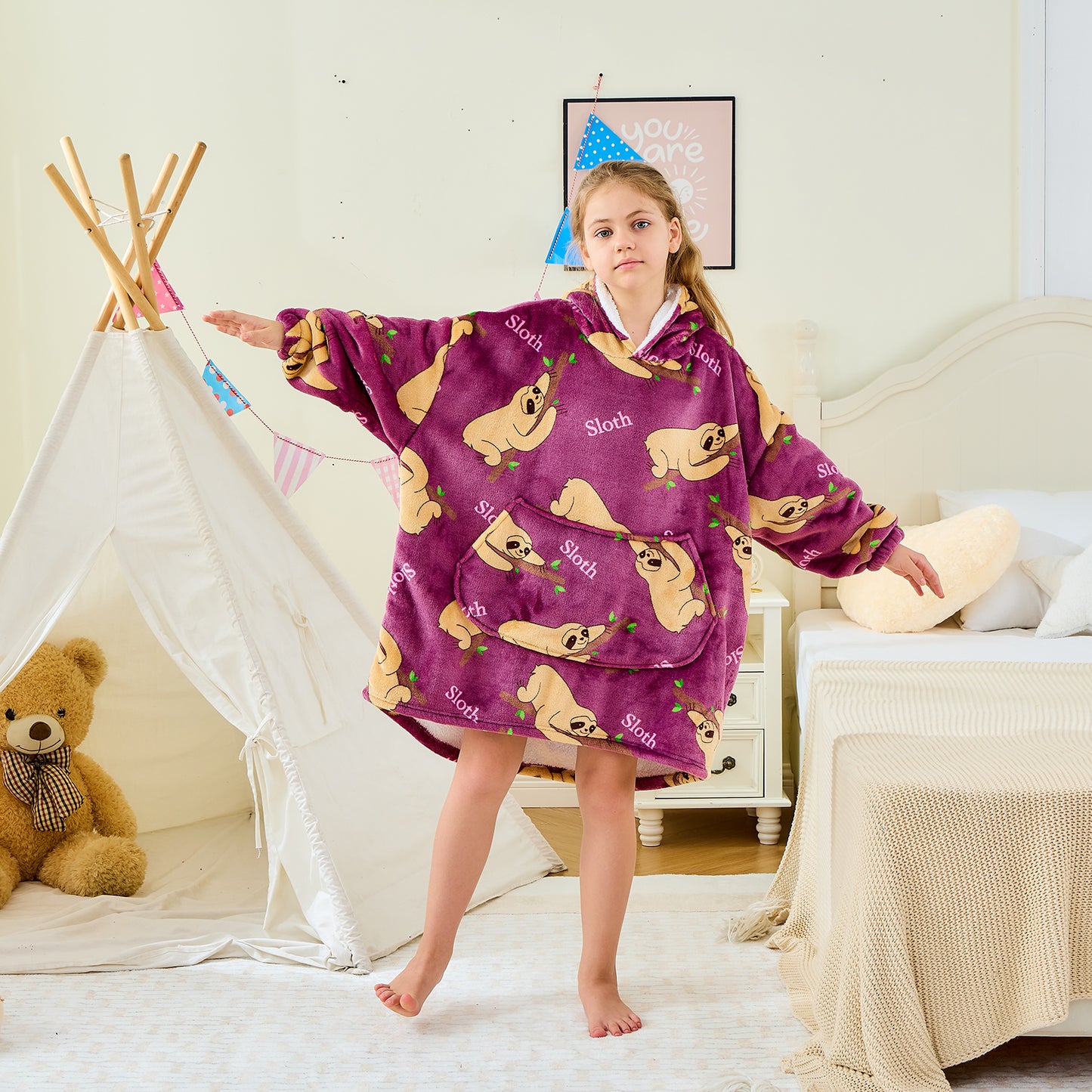 Children’s Sloth Hoodie Blanket – Oversized Sherpa Lined Wearable Blanket