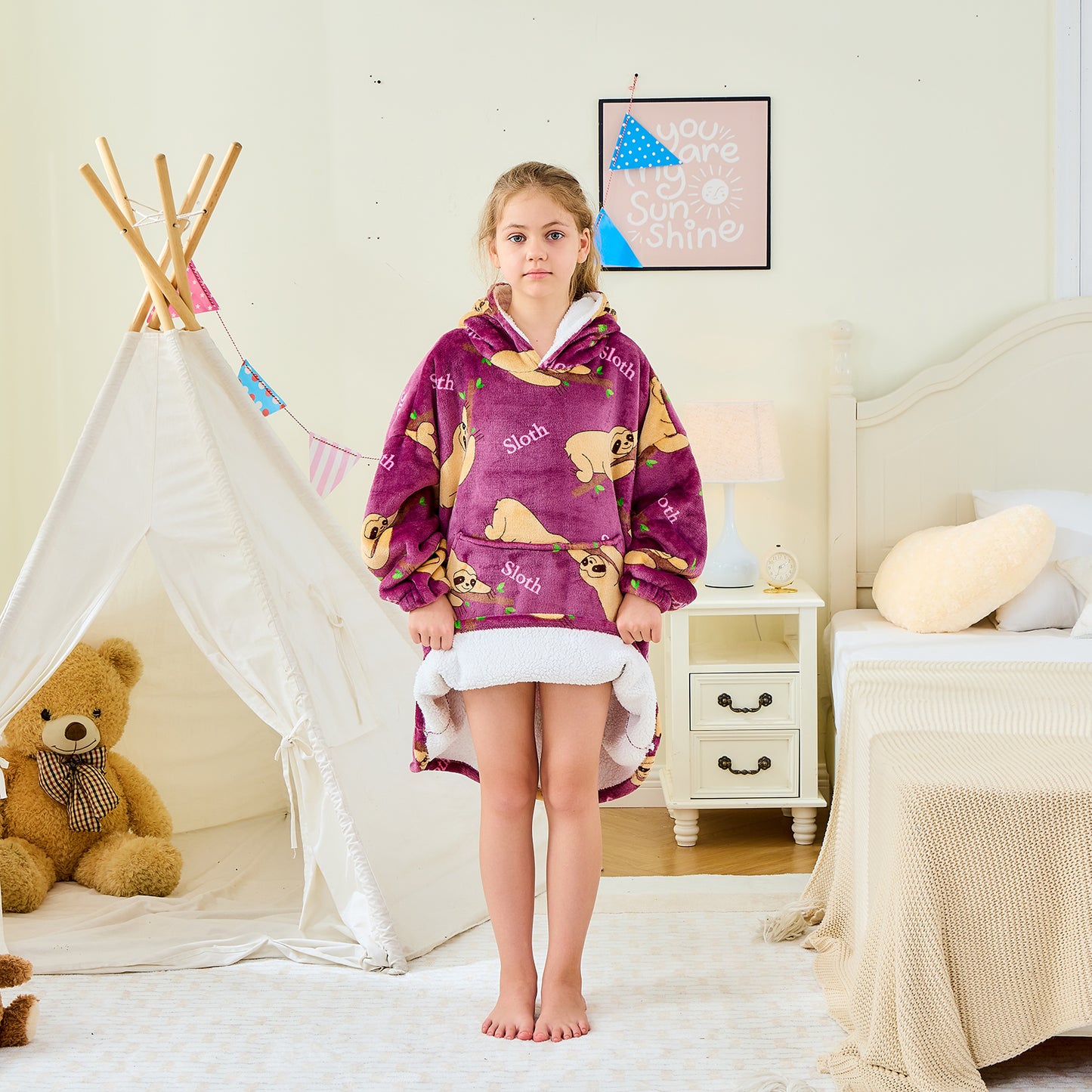 Children’s Sloth Hoodie Blanket – Oversized Sherpa Lined Wearable Blanket