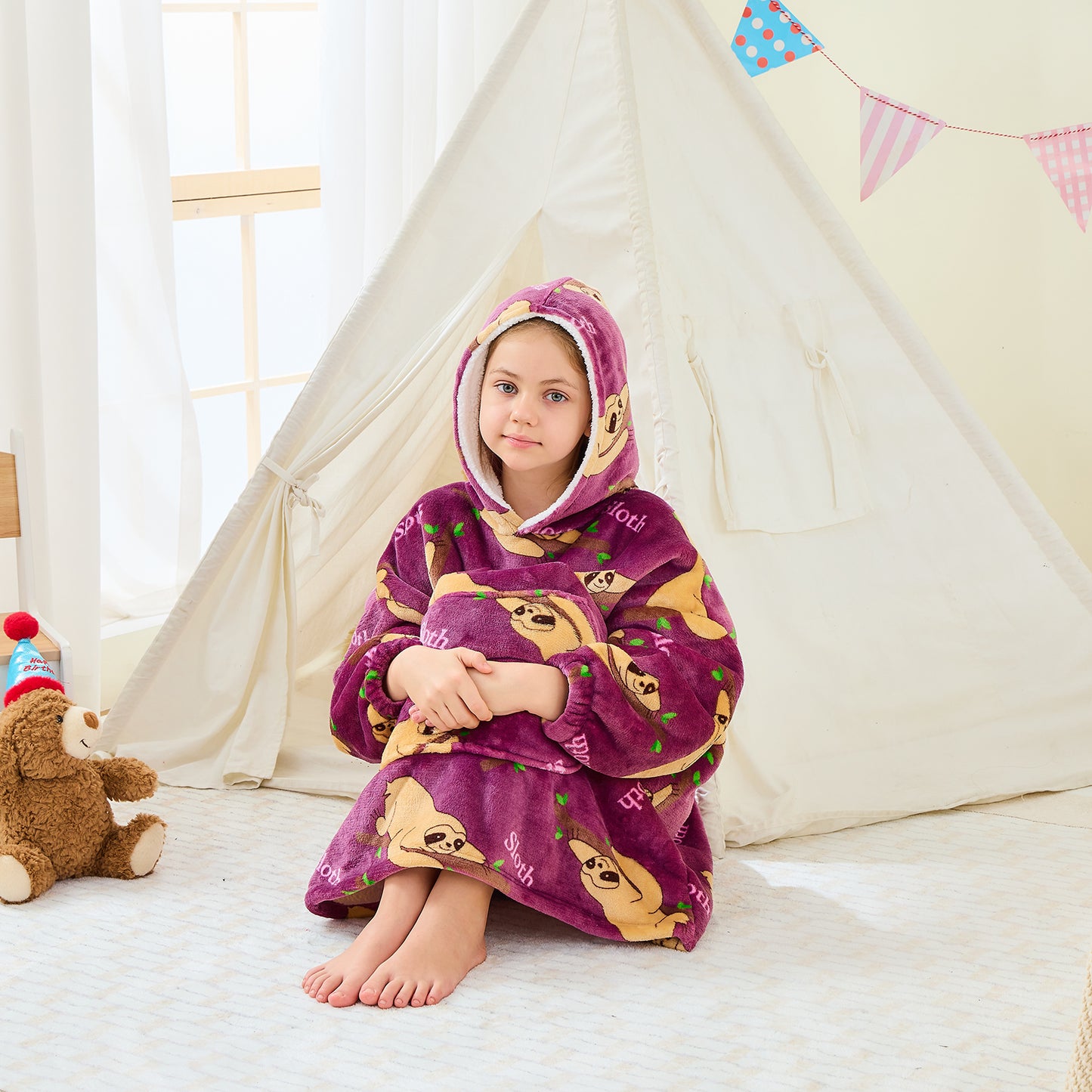 Children’s Sloth Hoodie Blanket – Oversized Sherpa Lined Wearable Blanket