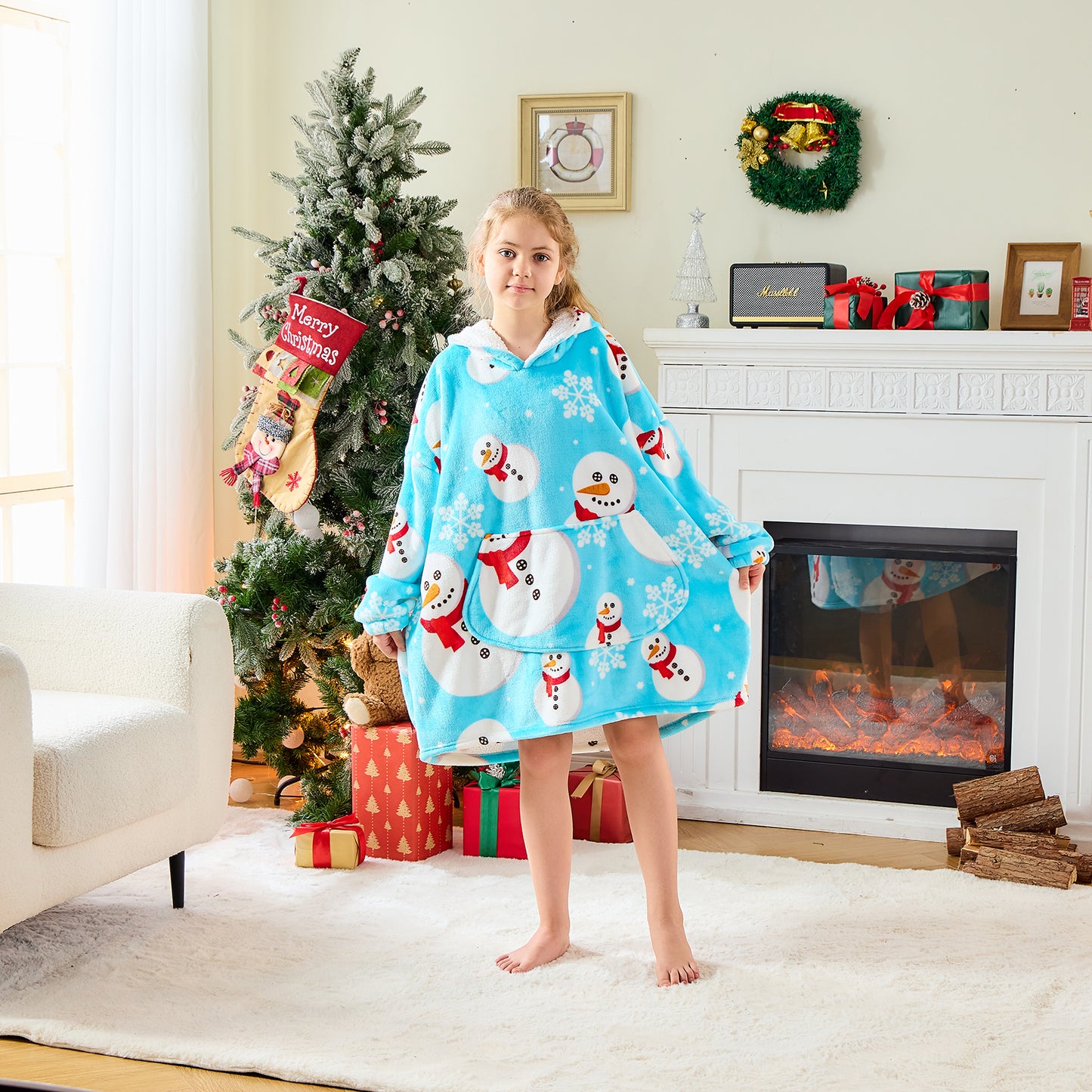 Children's Snowman Hoodie Blanket– Sherpa Lined Wearable Blanket