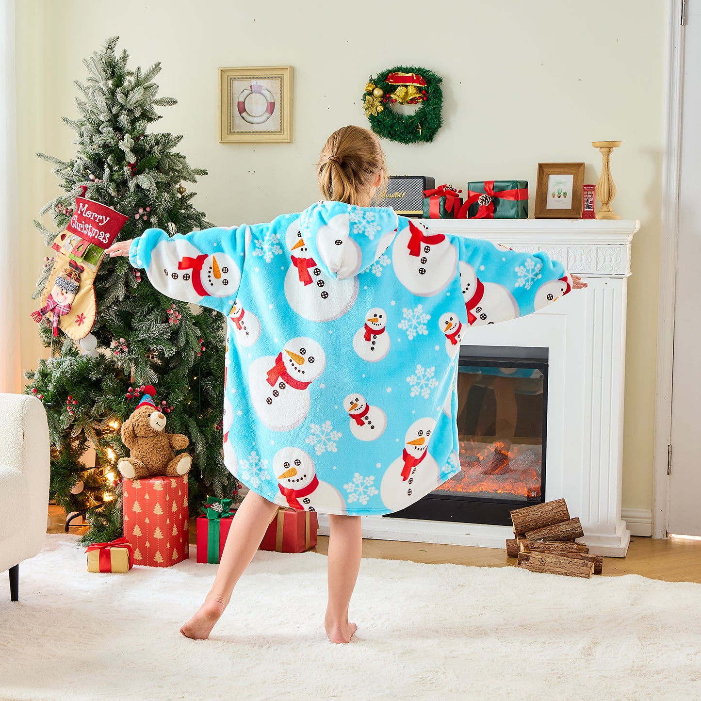 Children's Snowman Hoodie Blanket– Sherpa Lined Wearable Blanket
