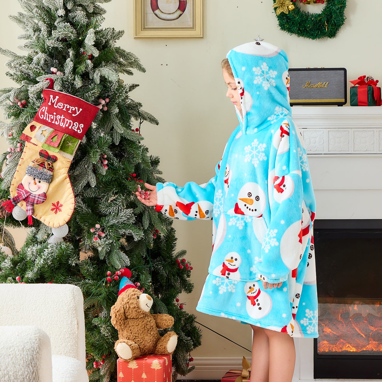 Children's Snowman Hoodie Blanket– Sherpa Lined Wearable Blanket