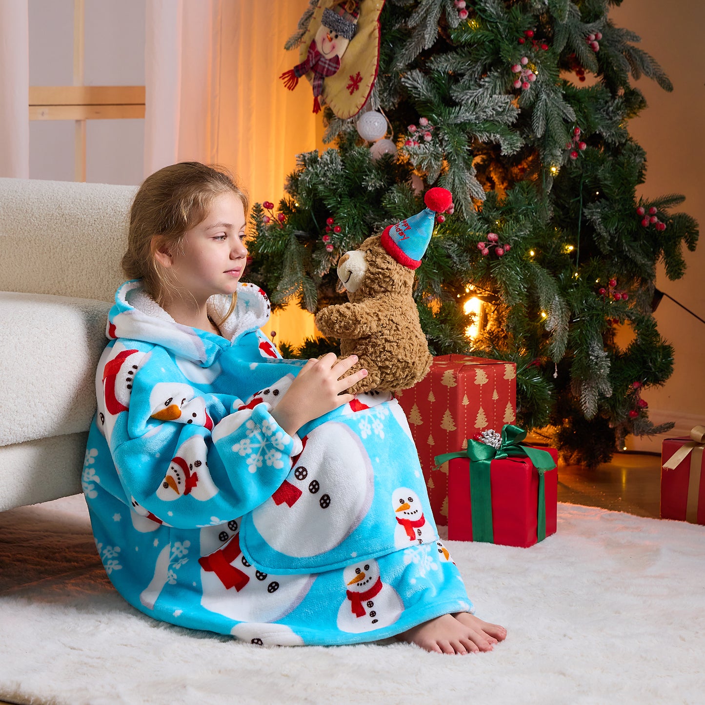 Children's Snowman Hoodie Blanket– Sherpa Lined Wearable Blanket