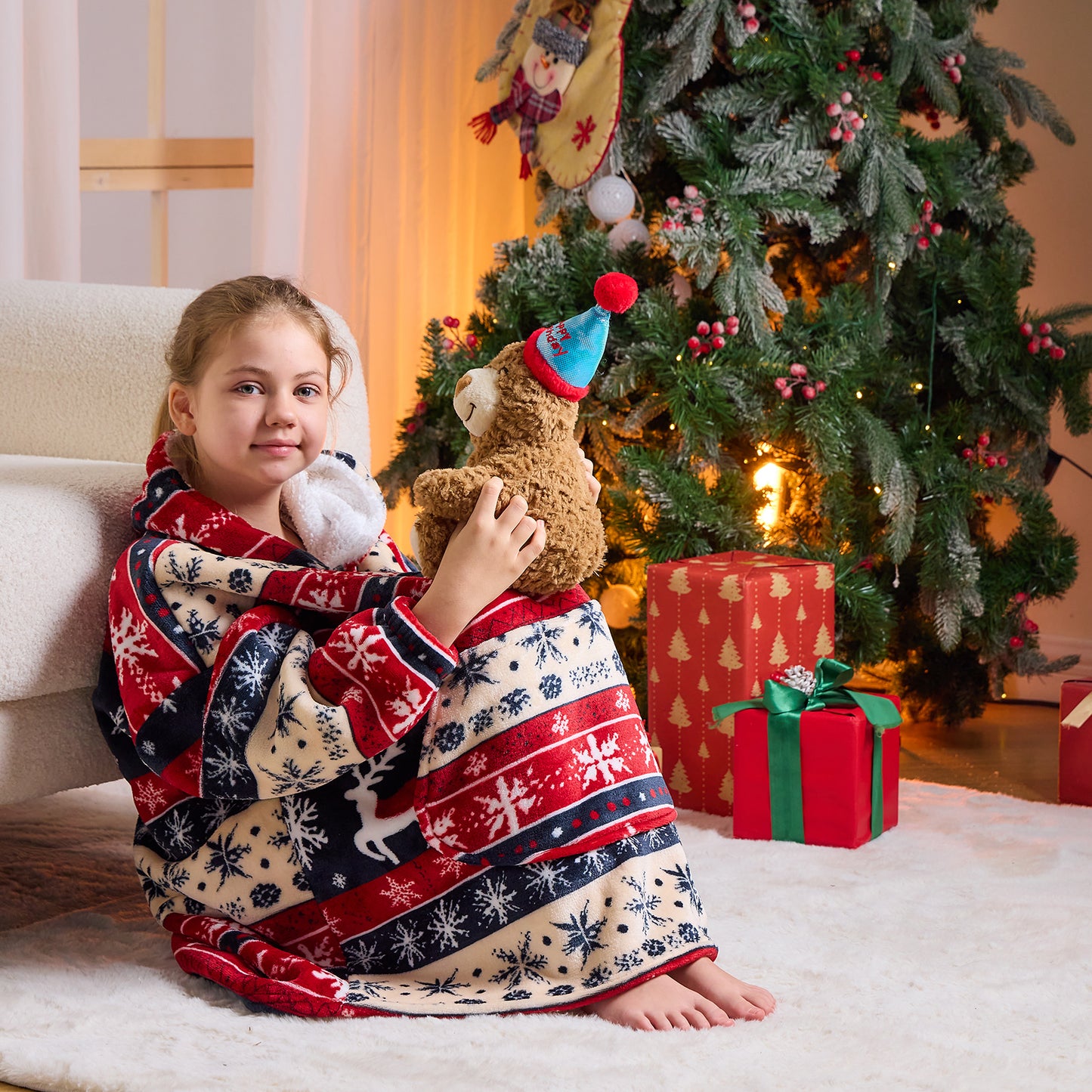 Children’s Oversized Hoodie Blanket – Classic Stripes Snowflakes Pattern