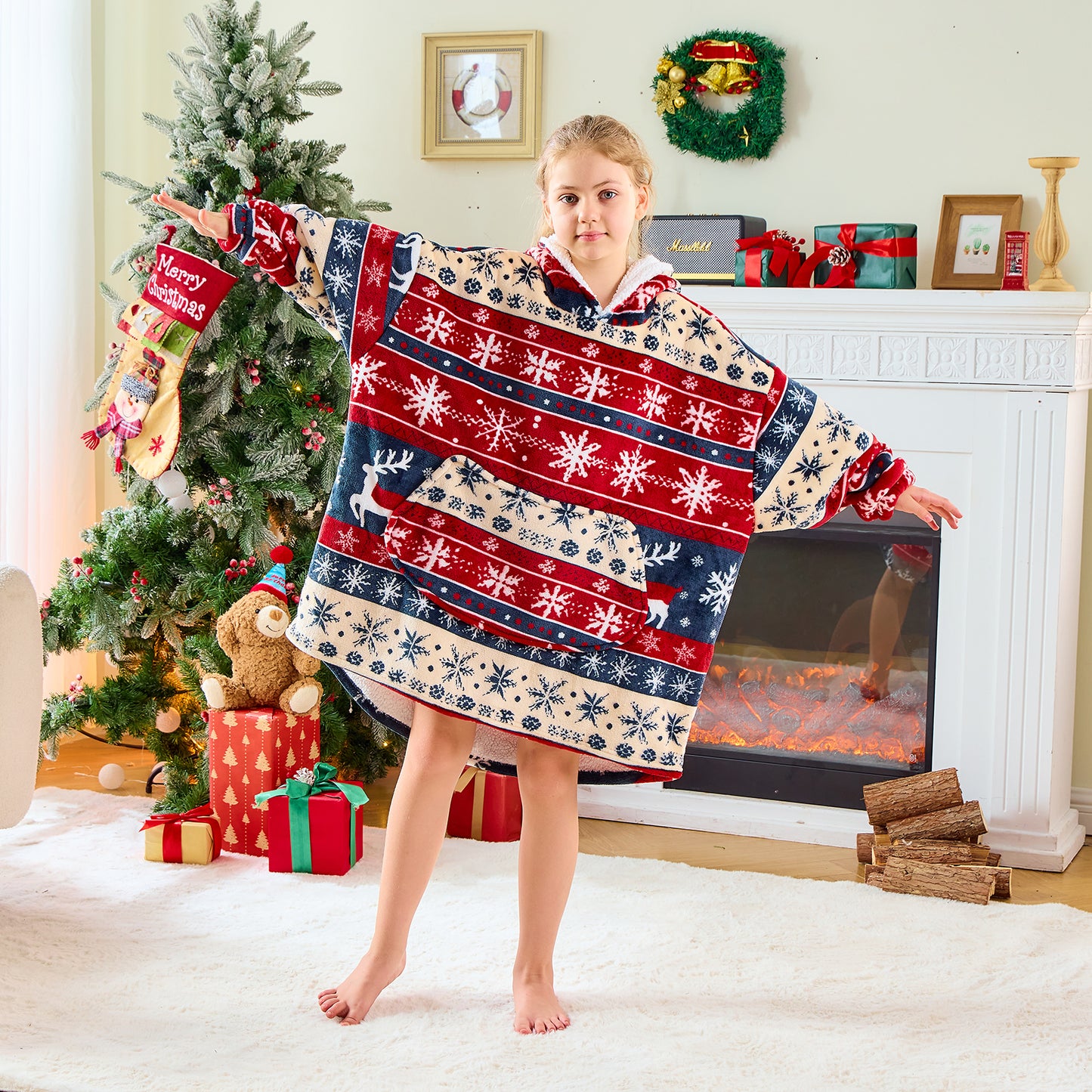 Children’s Oversized Hoodie Blanket – Classic Stripes Snowflakes Pattern