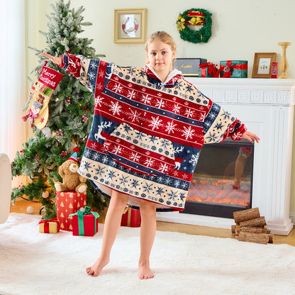Children’s Oversized Hoodie Blanket – Classic Stripes Snowflakes Pattern