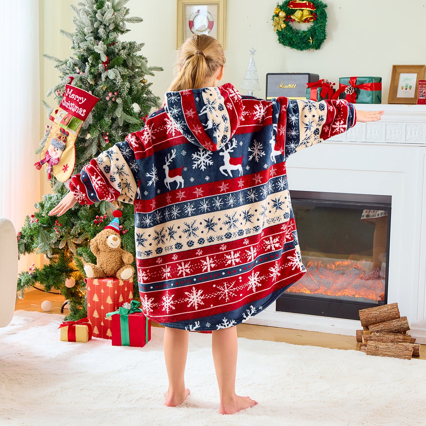 Children’s Oversized Hoodie Blanket – Classic Stripes Snowflakes Pattern