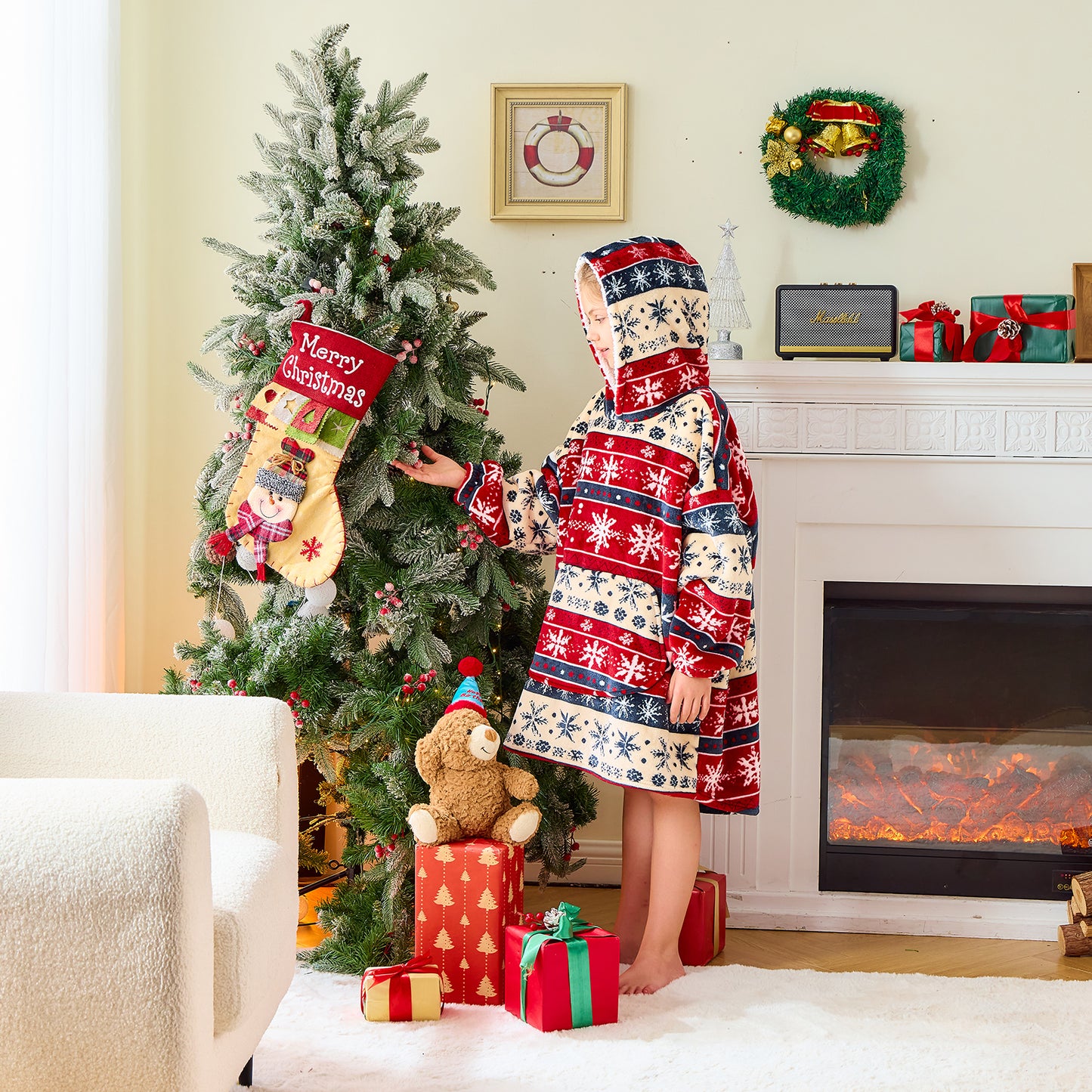 Children’s Oversized Hoodie Blanket – Classic Stripes Snowflakes Pattern