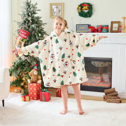 Christmas Kids Hoodie Blanket – Festive Reindeer & Tree Design