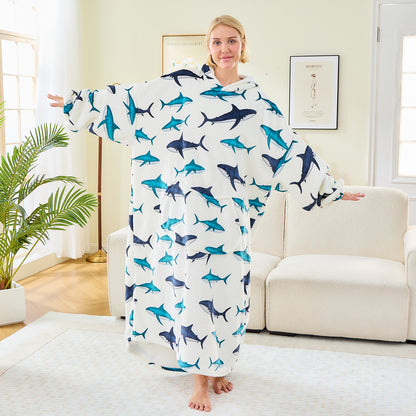 Adults & Teens Extra Long Oversized Hoodie Blanket – Shark Print