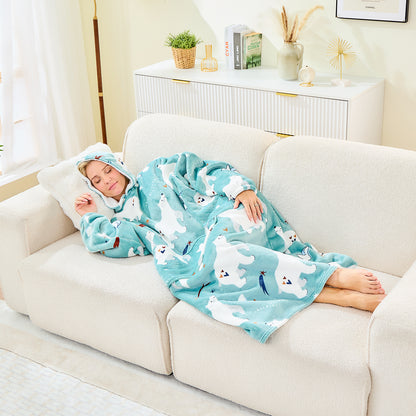 Extra Long Oversized Hoodie Blanket – Polar Bear Sherpa Fleece for Adults & Teens