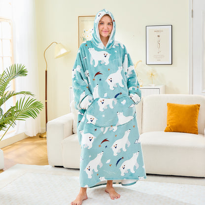 Extra Long Oversized Hoodie Blanket – Polar Bear Sherpa Fleece for Adults & Teens