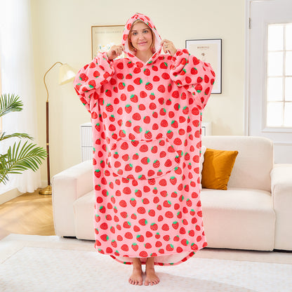 Strawberry Print Oversized Sherpa Hoodie Blanket