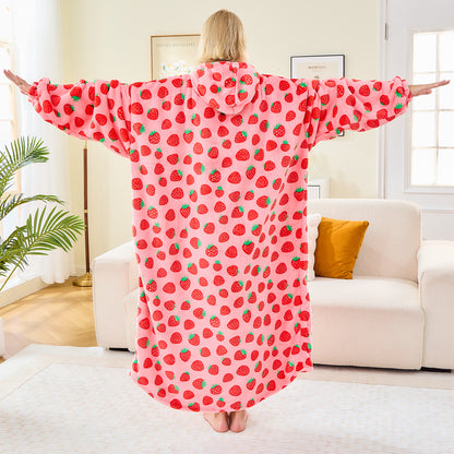 Strawberry Print Oversized Sherpa Hoodie Blanket