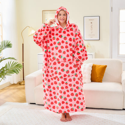 Strawberry Print Oversized Sherpa Hoodie Blanket