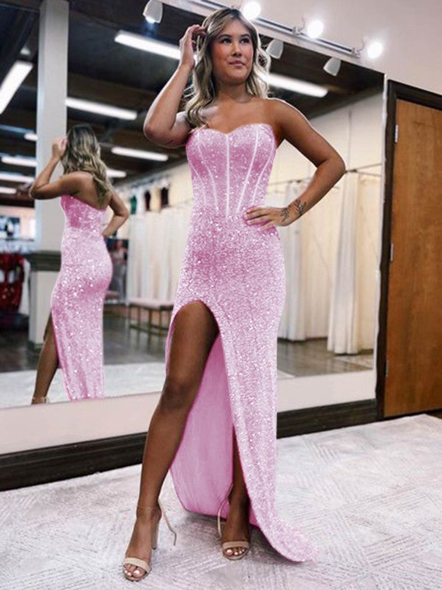 Strapless Sweetheart Corset Prom Dresses With Side Slit