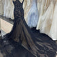 Black Straps V-neck Mermaid Wedding Dress With Beads Lace Alternative Bride Gown