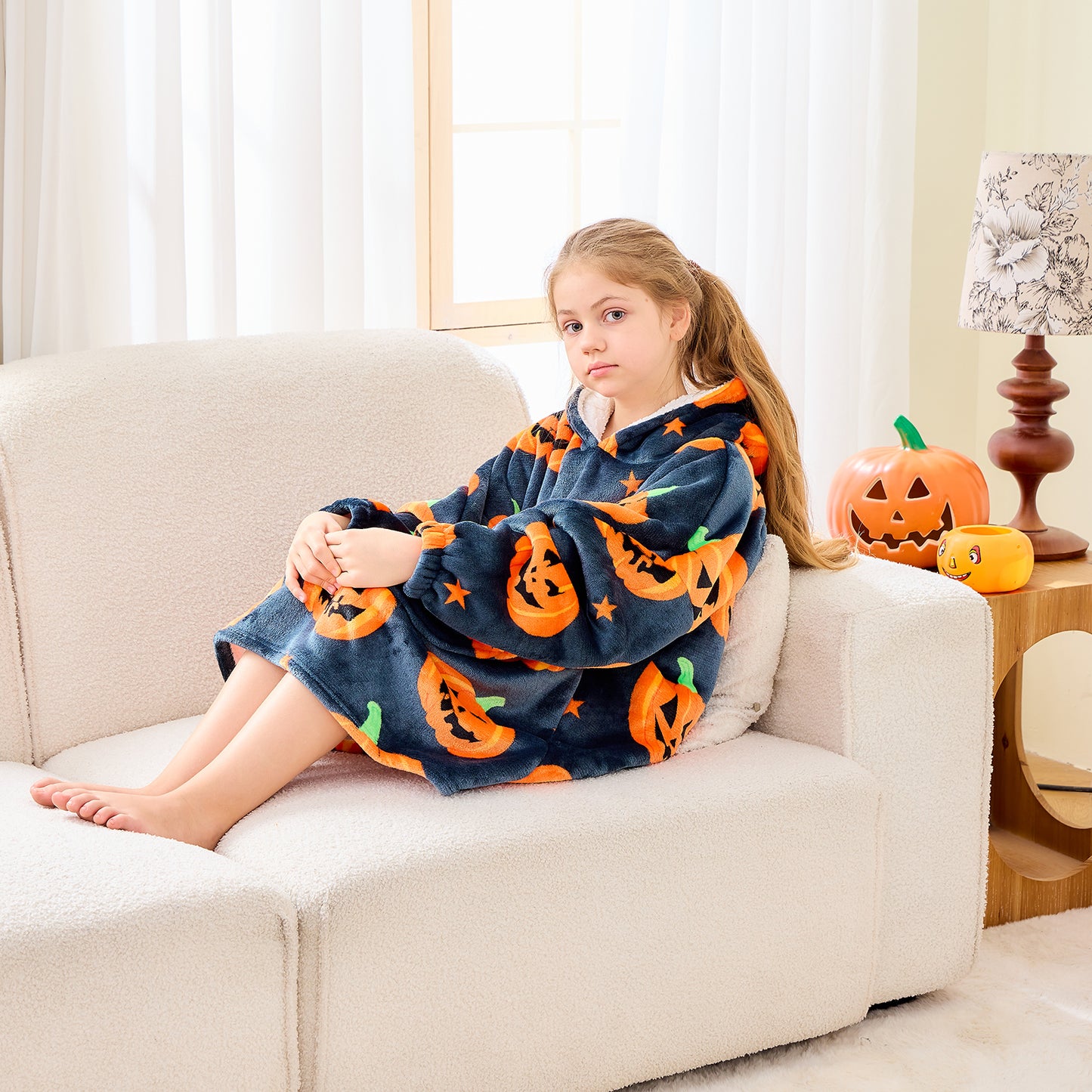 Black & Orange Pumpkin Print Hoodie Blanket for Kids