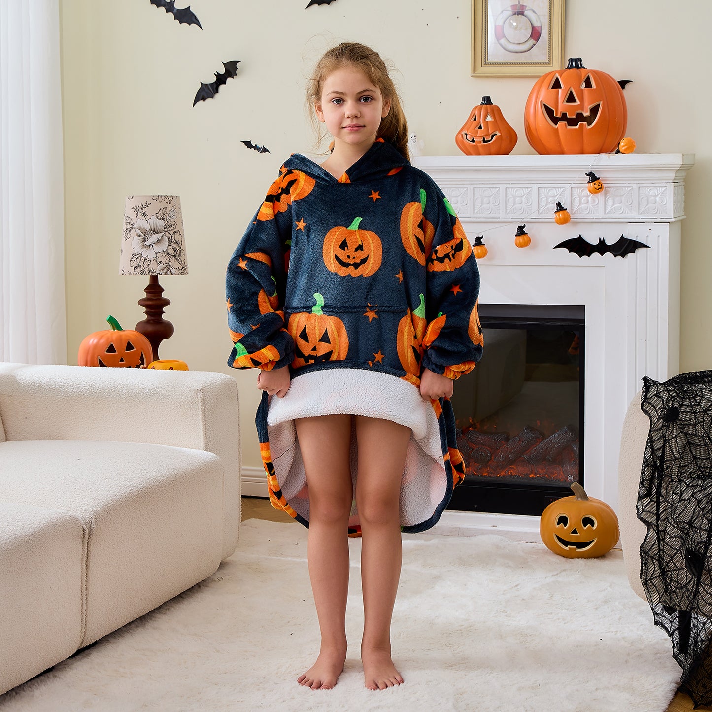 Black & Orange Pumpkin Print Hoodie Blanket for Kids