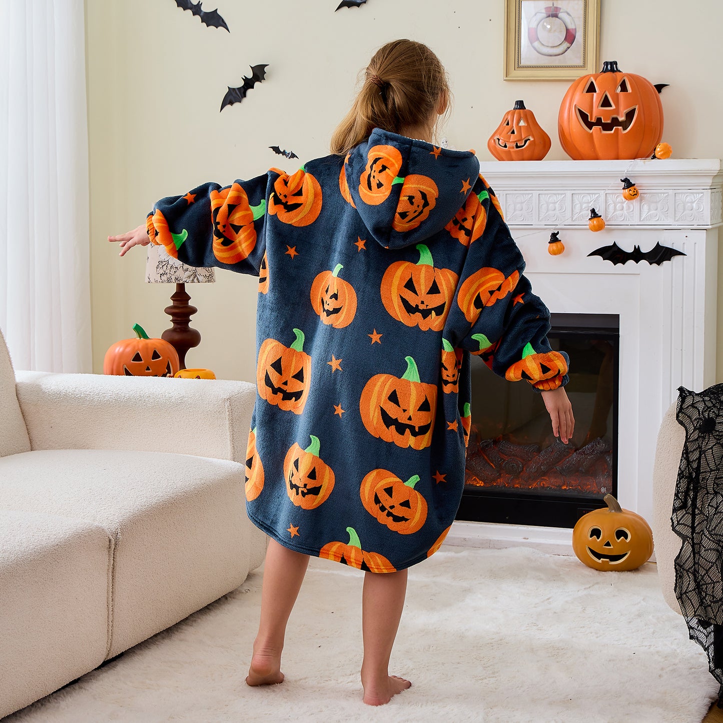 Black & Orange Pumpkin Print Hoodie Blanket for Kids