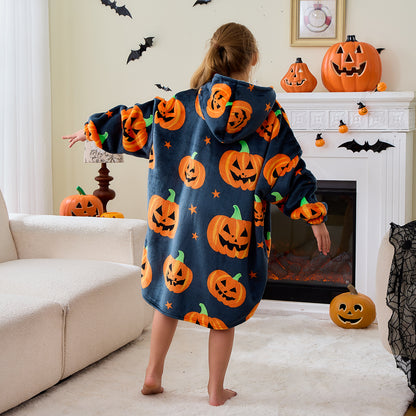 Black & Orange Pumpkin Print Hoodie Blanket for Kids