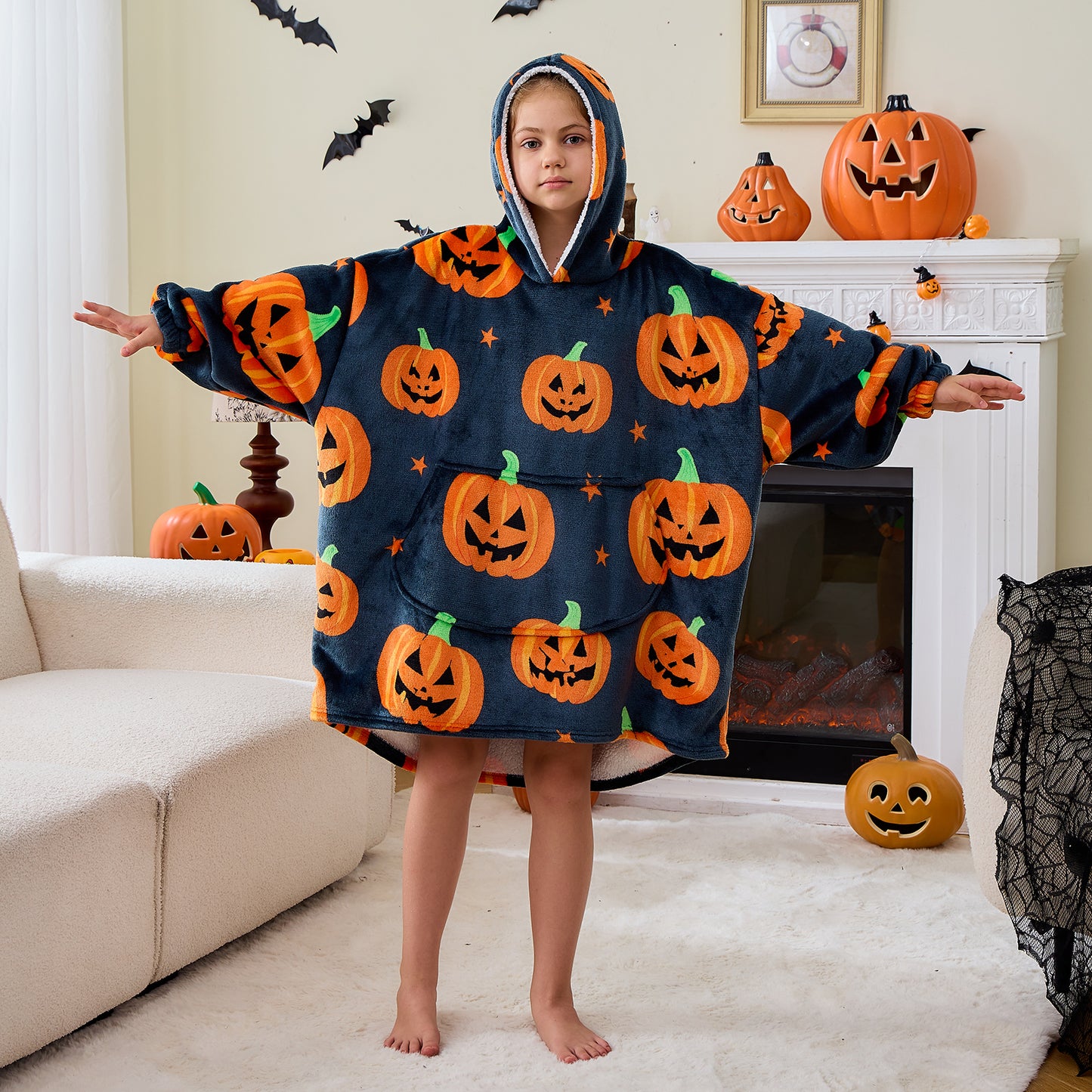Black & Orange Pumpkin Print Hoodie Blanket for Kids