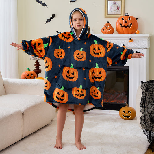 Black & Orange Pumpkin Print Hoodie Blanket for Kids