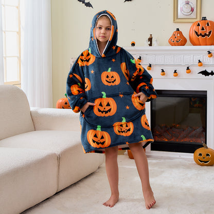 Black & Orange Pumpkin Print Hoodie Blanket for Kids