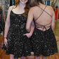 A-Line Spaghetti Straps Sleeveless Short Velvet Sequin Prom Dress