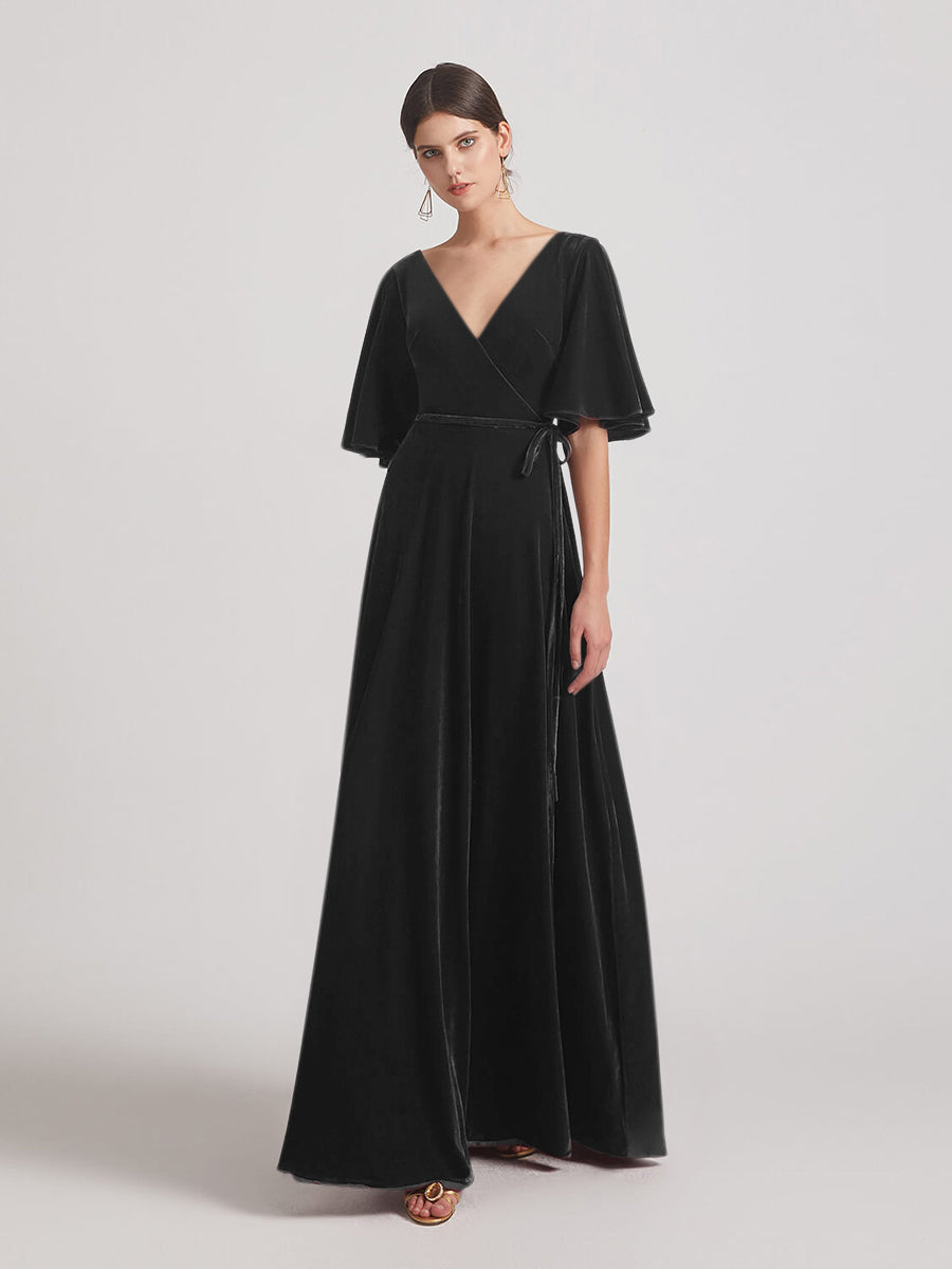 Elbow Length Flutter Sleeve Velvet Maxi Bridesmaid Dresses