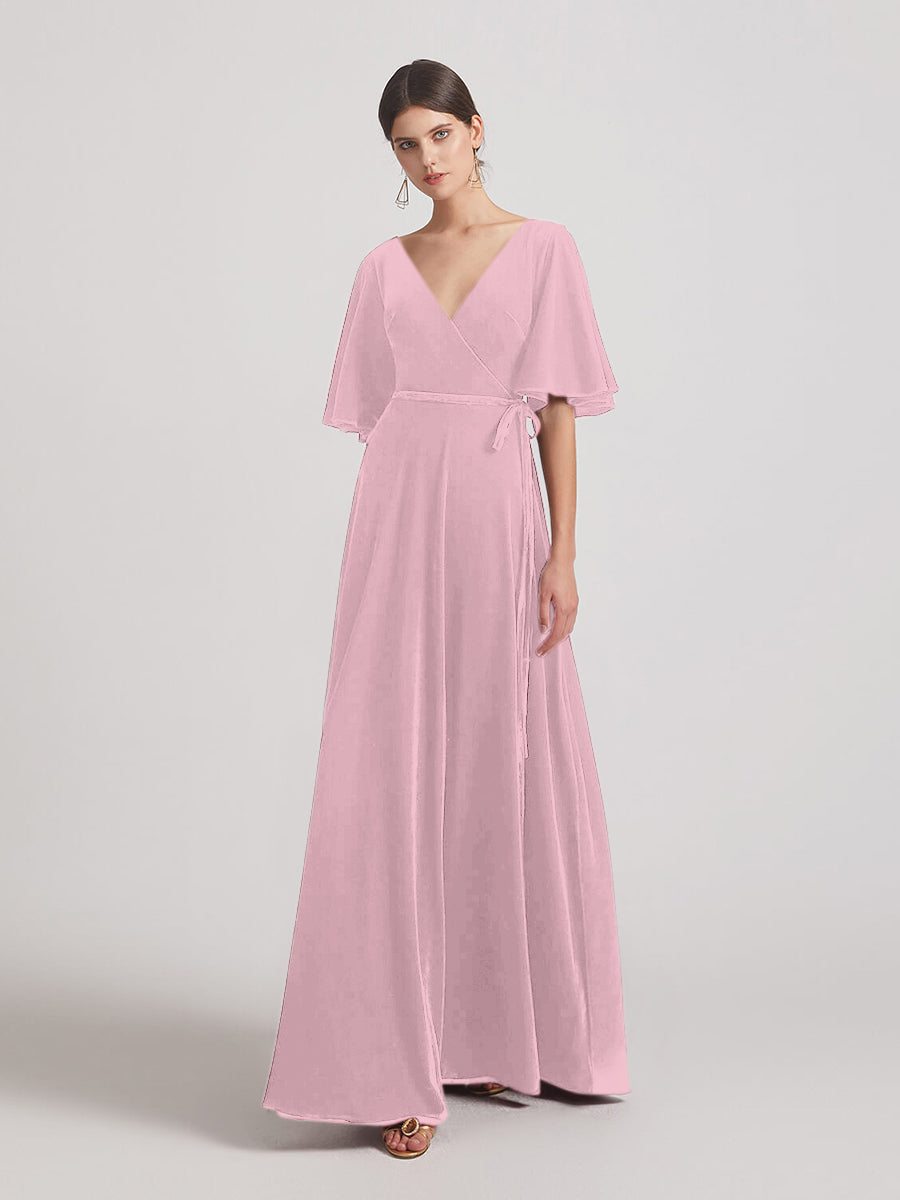 Elbow Length Flutter Sleeve Velvet Maxi Bridesmaid Dresses