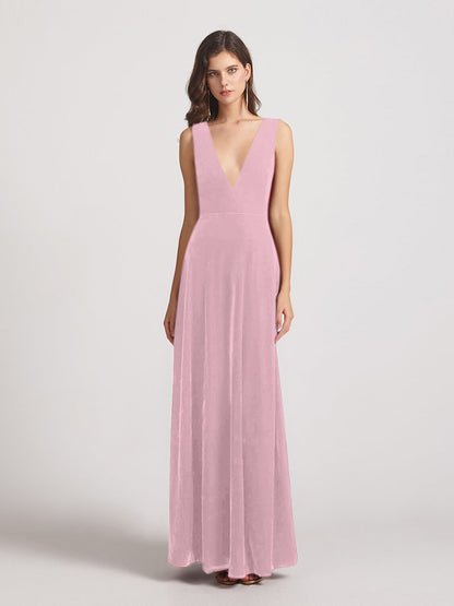 Bold V Neck A Line Velvet Bridesmaid Dresses