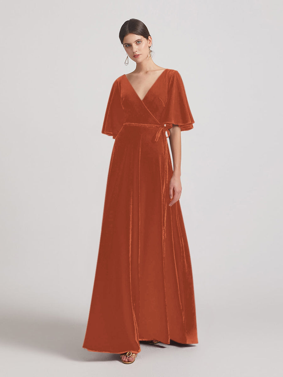 Elbow Length Flutter Sleeve Velvet Maxi Bridesmaid Dresses